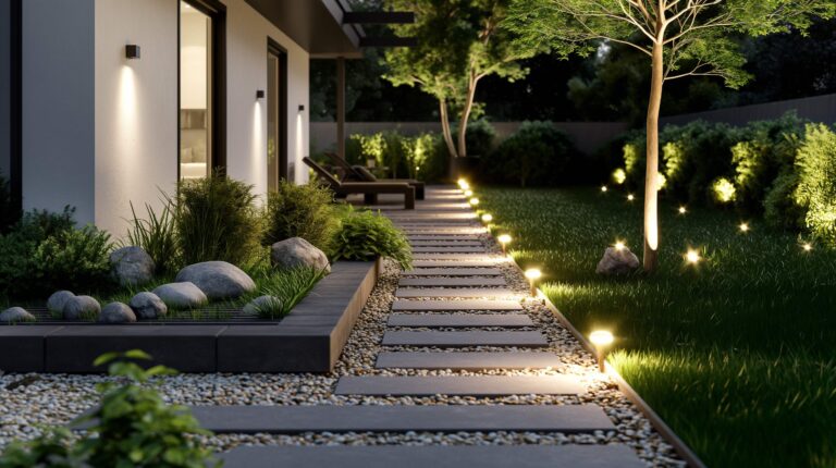 backyard pathway lights by Lapis Patios