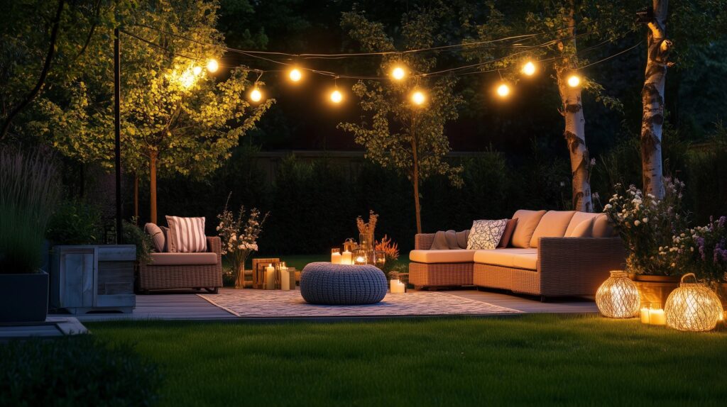 a patio with warm ambient lighting