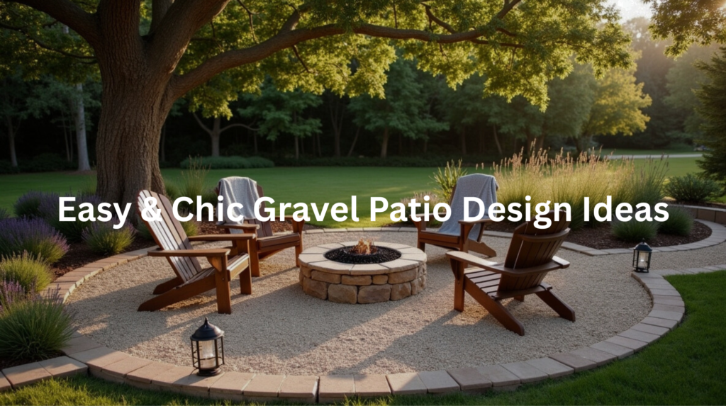 Peaceful Gravel Patio Design: This image depicts a beautifully designed gravel patio, with a circular layout and a stone fire pit as the focal point. The area is accentuated by the natural foliage and provides a tranquil outdoor retreat.