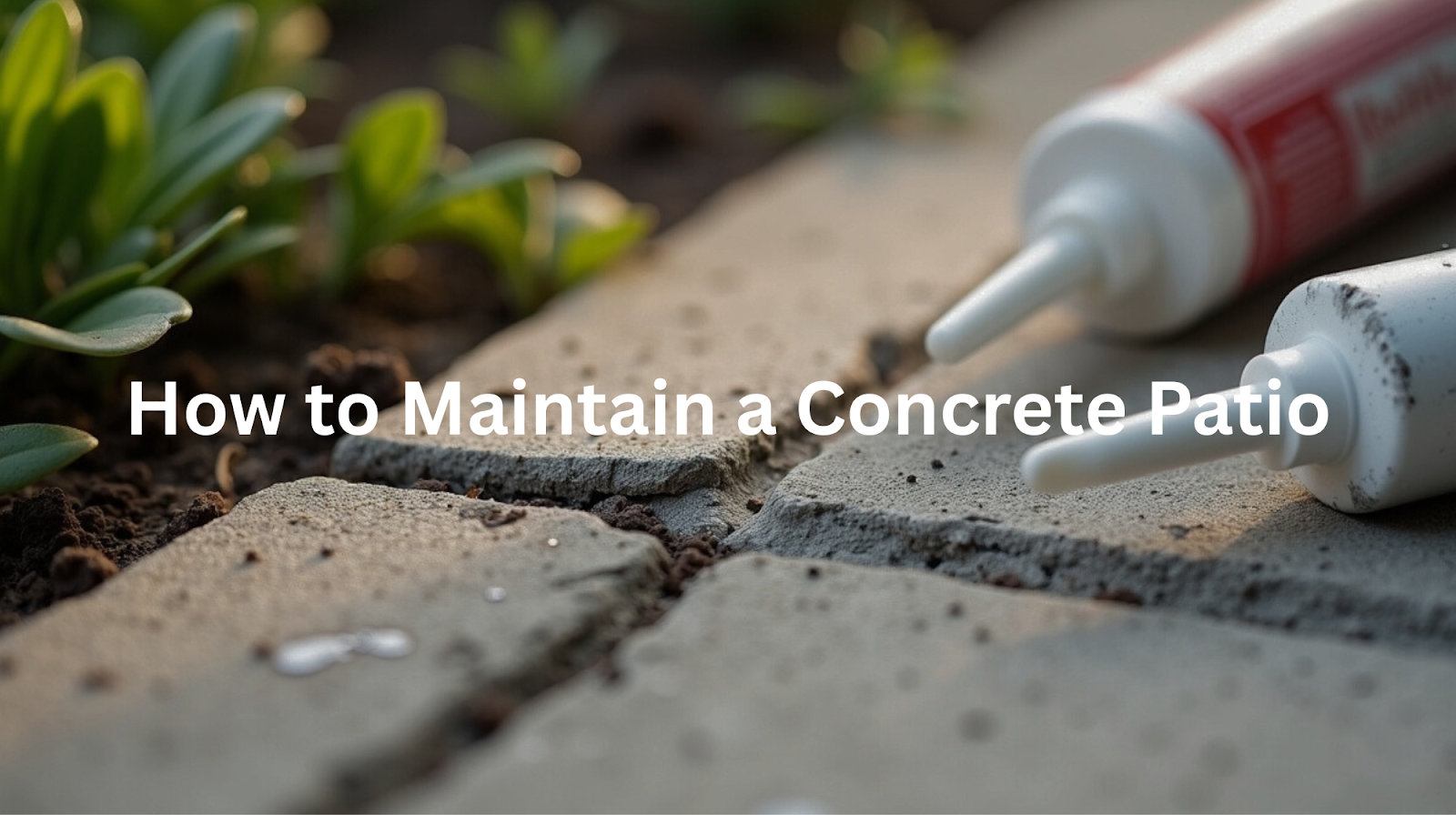 Close-up view of a concrete patio surface with cracks and crevices, highlighting the need for concrete patio repair and maintenance.