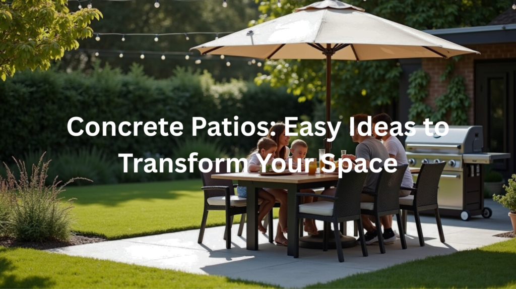 Cozy outdoor dining area on a concrete patio surrounded by lush greenery and string lights.