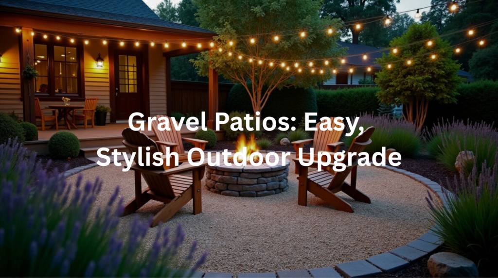 Lush landscaping, string lights, and a warm firepit create a welcoming outdoor living space on this gravel patio.