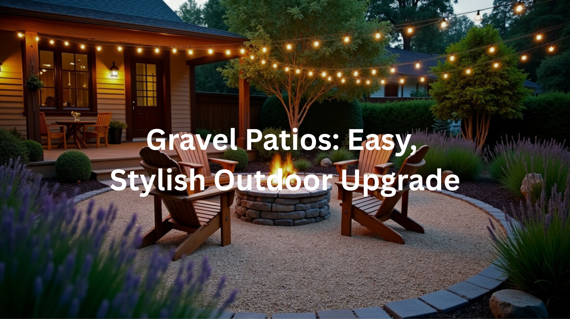 Lush landscaping, string lights, and a warm firepit create a welcoming outdoor living space on this gravel patio.