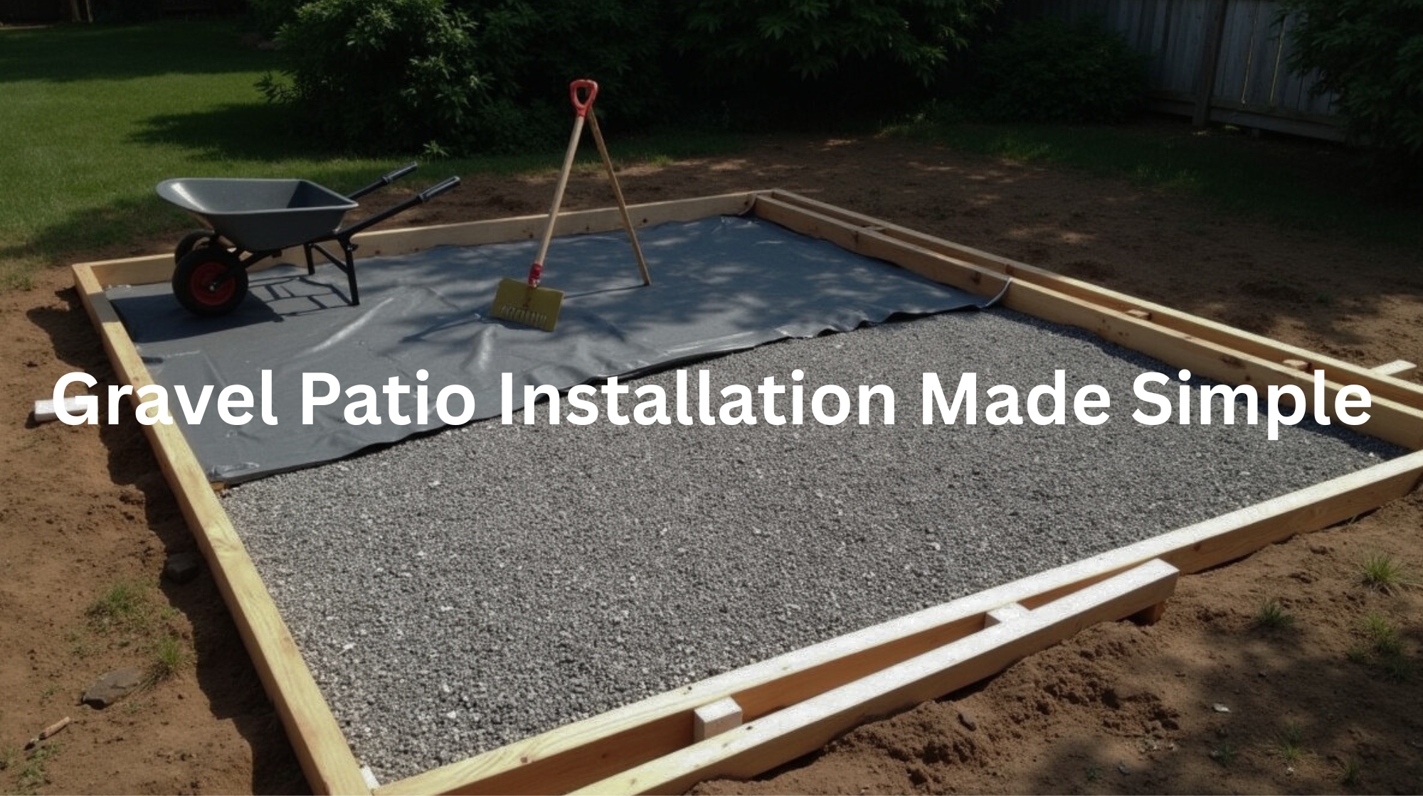 A well-organized workspace for a gravel patio installation, featuring a wooden frame, gravel, and gardening tools in a verdant backyard setting.