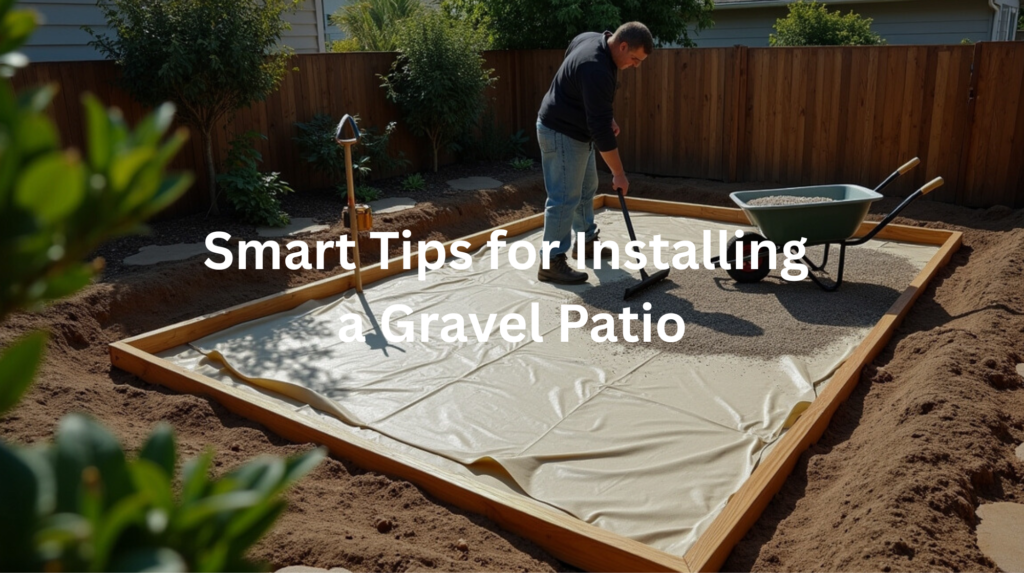 A person is preparing the ground for a gravel patio installation, using tools and a wheelbarrow.