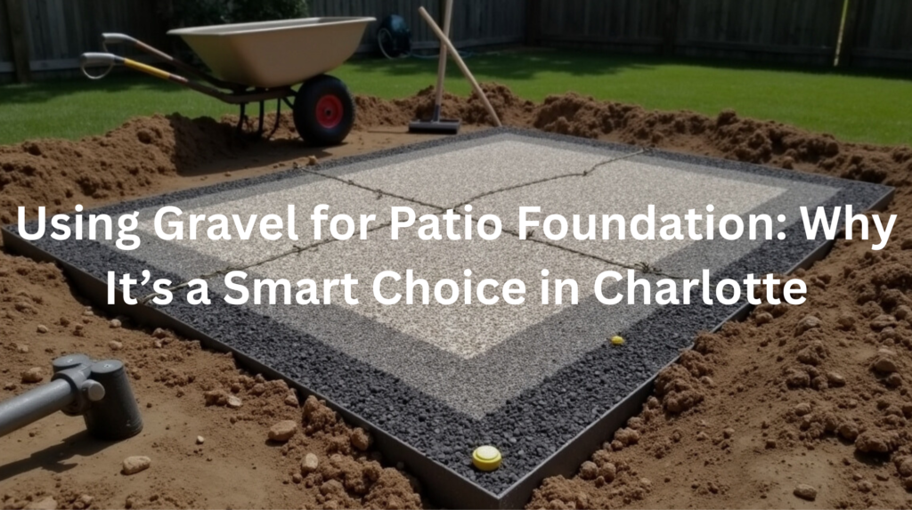 A partially constructed patio foundation made of layers of gravel, creating a solid base for a future outdoor living space.