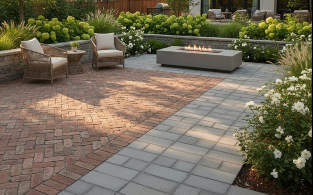The patio features a mix of brick and concrete paver flooring, creating a charming outdoor space. Comfortable seating surrounds a modern fire pit, perfect for relaxing evenings.