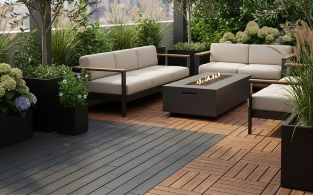 This outdoor patio features a combination of wooden and tiled flooring, creating a stylish space for relaxation. The lush greenery and cozy seating make it ideal for outdoor living.