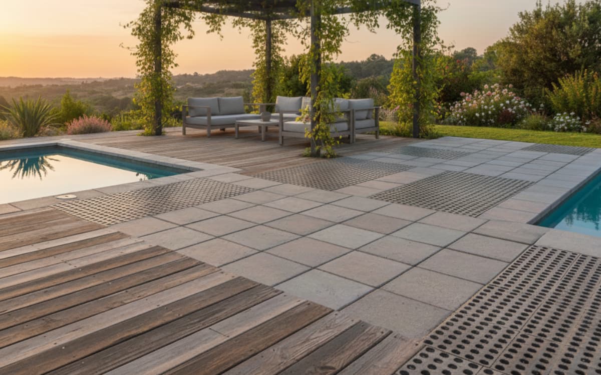 A stylish outdoor patio featuring diverse flooring options, including wooden planks and textured concrete tiles. The space is complemented by comfortable seating and lush garden surroundings.