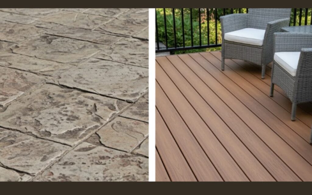 Varied outdoor flooring options - stone pavement and wooden deck - offering distinct aesthetics and functionality for patio design preferences.
