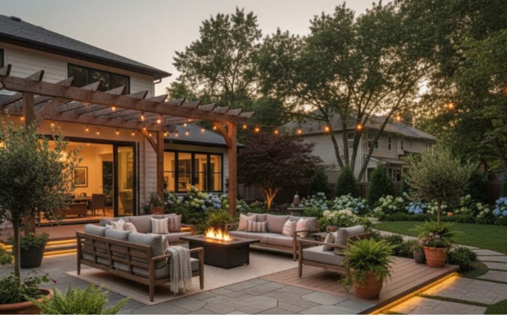 Cozy outdoor patio with wooden deck, comfortable seating, firepit, and string lights creating a warm, inviting ambiance for an evening gathering.