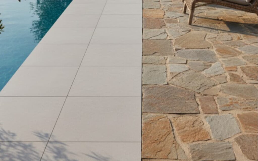 Contrasting patio flooring options - smooth tiles flanking a rugged natural stone surface, offering distinct aesthetic and functional choices.