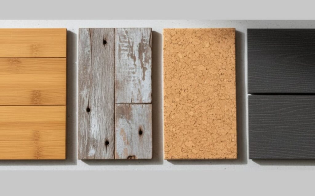 Samples of eco-friendly patio flooring materials, including natural wood, cork, and bamboo, showcasing sustainable options for outdoor living spaces.
