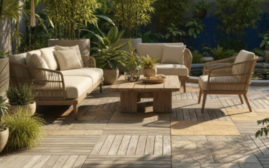 Serene outdoor patio with lush greenery, sustainable wood furnishings, and natural stone tiles, showcasing eco-friendly patio flooring options.
