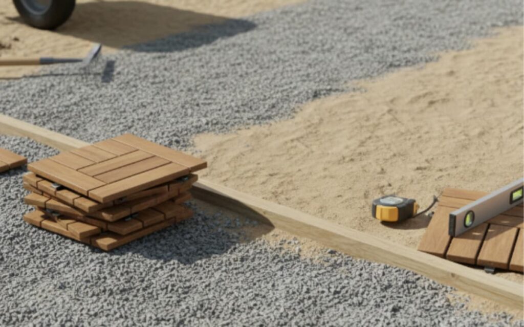 Interlocking wooden patio tiles and construction tools are visible on a gravel surface, indicating the process of assembling an outdoor patio.
