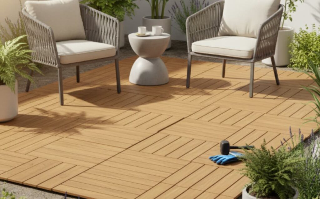 The patio features interlocking wooden tiles creating a seamless surface. Comfortable seating and decor elements invite relaxation in the outdoor space.
