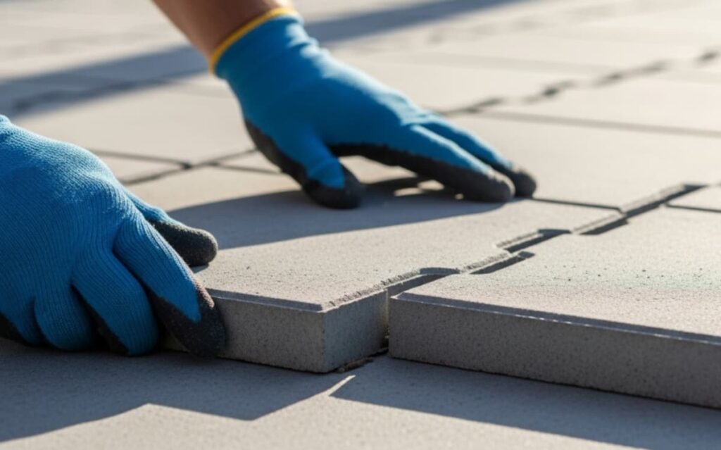 Hands wearing blue gloves are installing interlocking patio tiles on a surface.