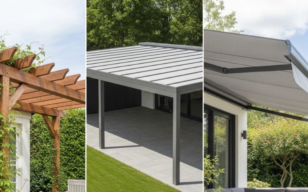 The image showcases various patio cover designs, including a wooden pergola and a modern, retractable awning, providing shaded outdoor living spaces.