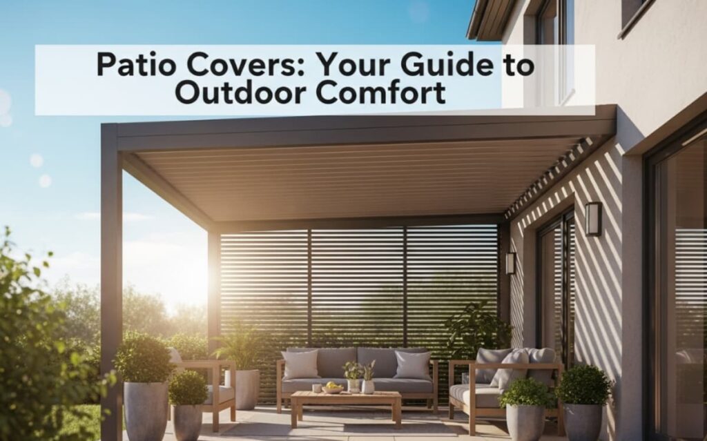 The image showcases a modern, covered patio with a slatted roof design, providing a comfortable outdoor living space.