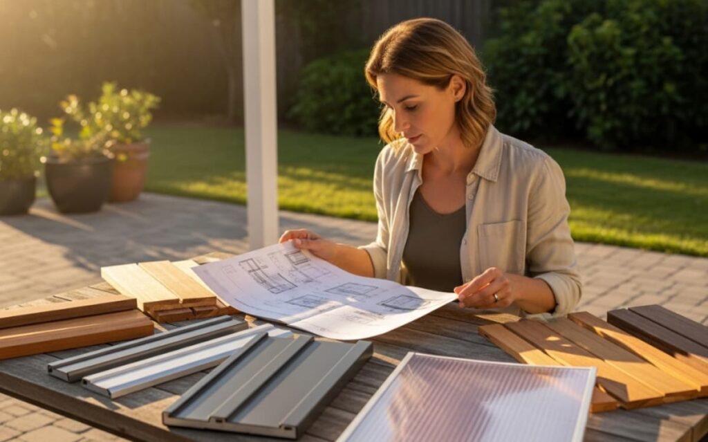 A woman carefully reviewing construction plans and materials for a potential patio cover project on her outdoor deck.
