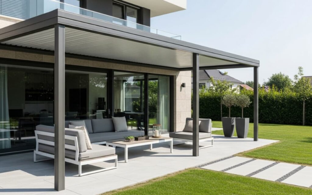 The patio cover features a sleek, modern design with aluminum framing and a slatted roof, providing both shade and a contemporary aesthetic.