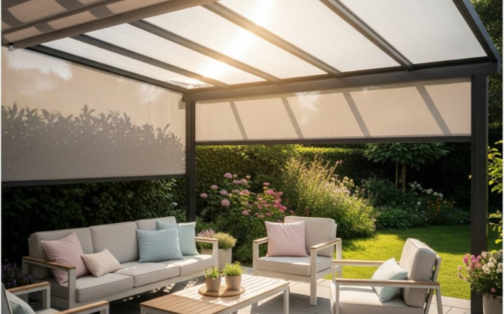 The patio cover features a combination of glass and metal, allowing natural light to filter through while providing a modern, elegant structure to the outdoor living space.