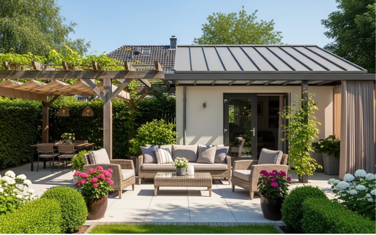 The covered patio features a modern, metal roof design that provides shade and protection while blending seamlessly with the lush, landscaped surroundings.