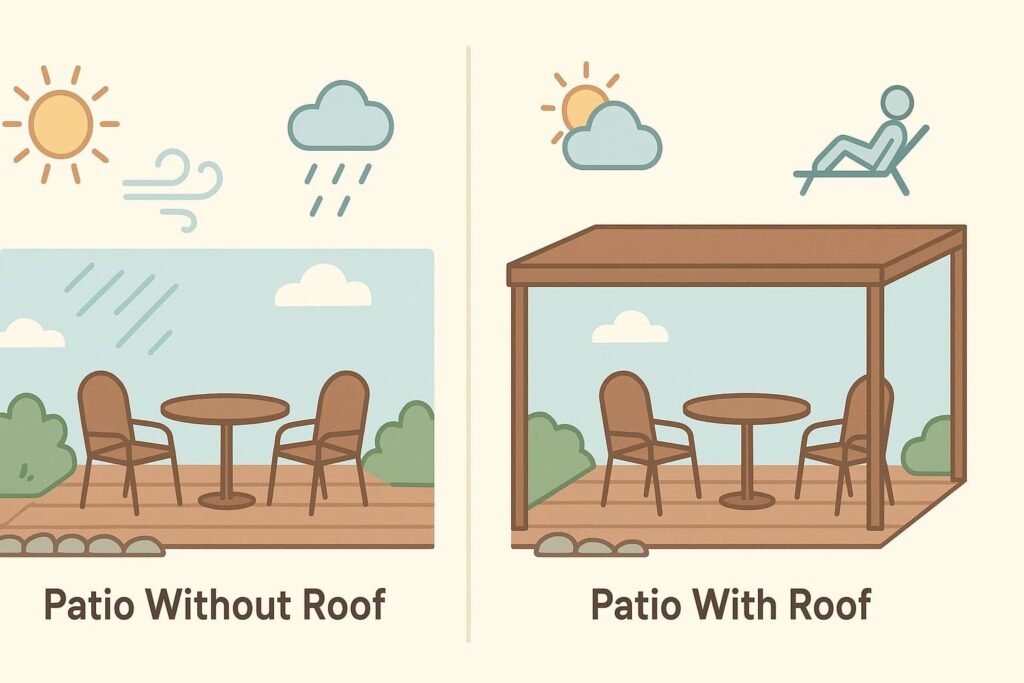 “Outdoor patio with protective roof offers shelter from weather, enabling comfortable year round use”.