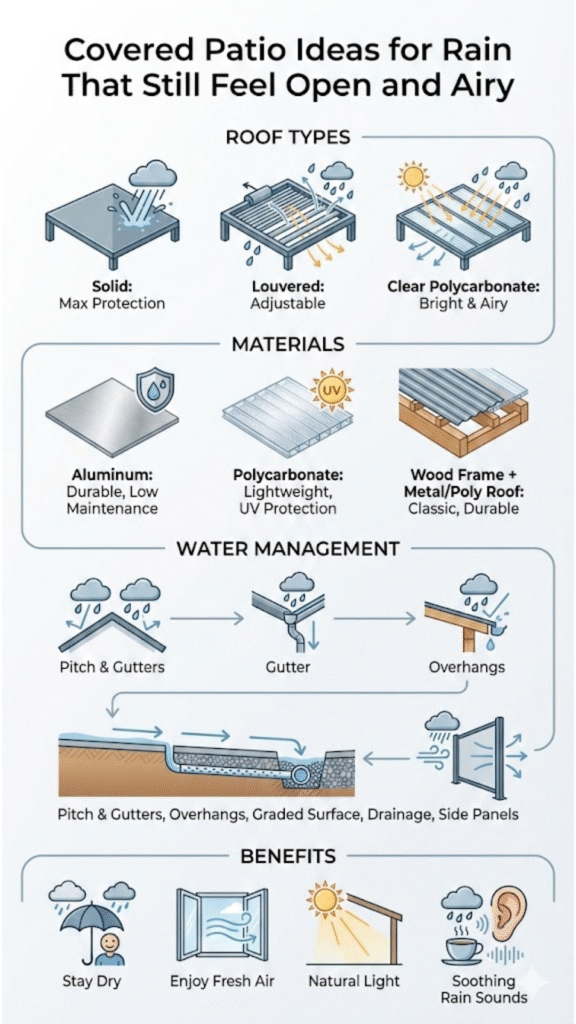 Comprehensive overview of covered patio design elements and features that provide rain protection while maintaining an open, airy feel.