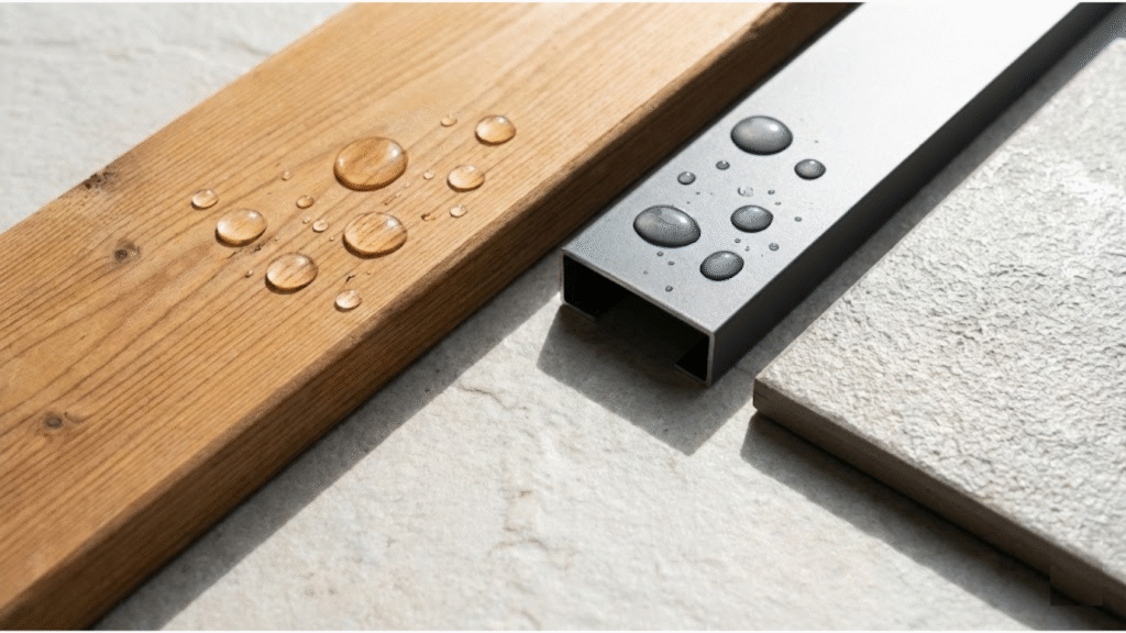 Droplets of water resting on a weathered wooden plank alongside a black metallic element.