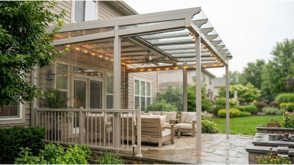 Cozy covered patio with string lights and lush greenery offers shelter from rain for outdoor living.