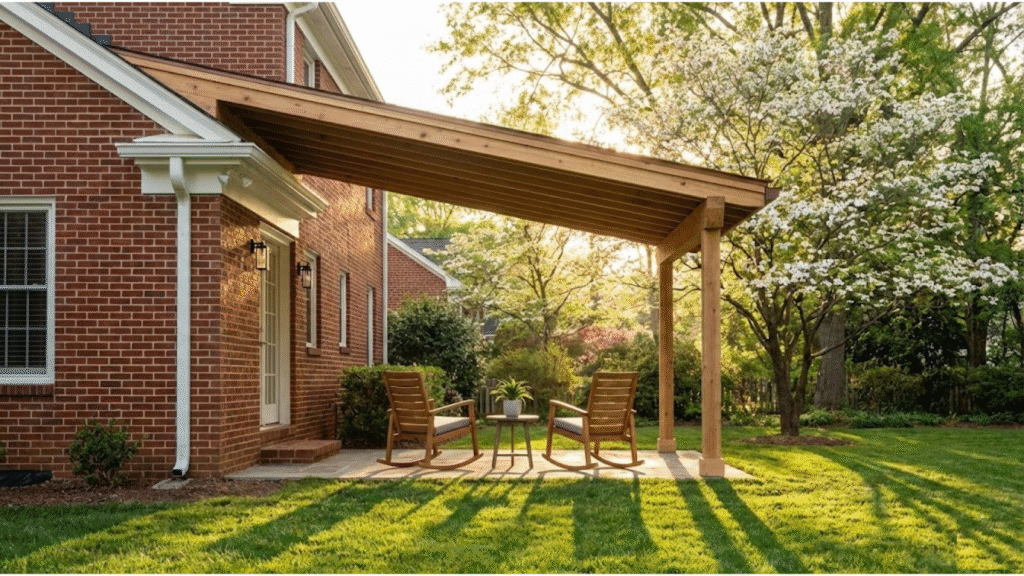 Patio Cover Installation Guide: Brick house with a wooden overhead structure creating a cozy outdoor living space.