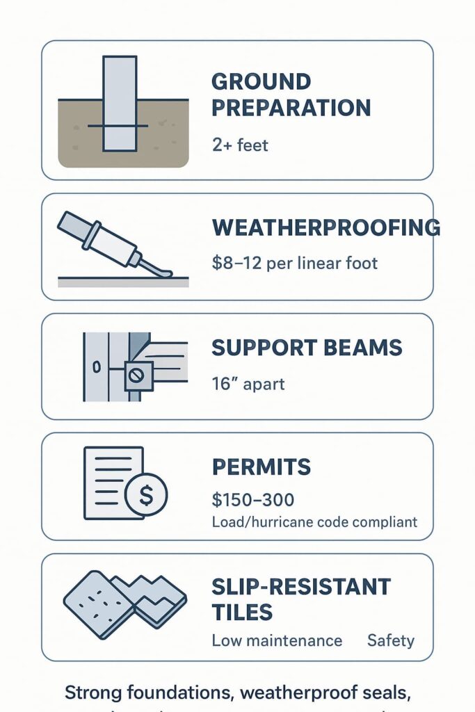 “Informative infographic detailing patio construction requirements, including weatherproofing, support beams, and permits needed to add a protective roof”.