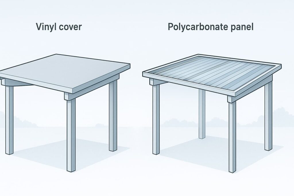 “The image shows two patio cover options - a vinyl cover and a polycarbonate panel - to help you stay dry outside during rain”.