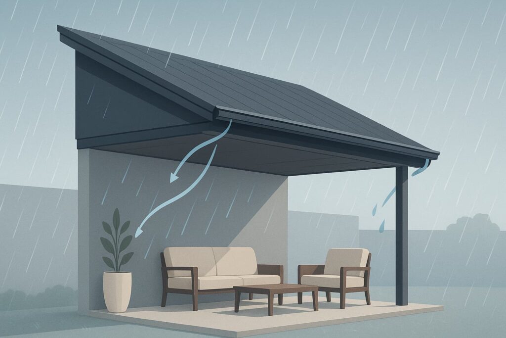 “Patio cover with a slanted roof design provides protection from rain, allowing outdoor seating area to remain dry”.