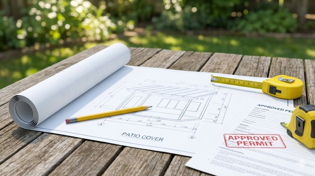Planning a Patio Cover Installation: Architectural drawings, tools, and an approved permit on a rustic wooden surface