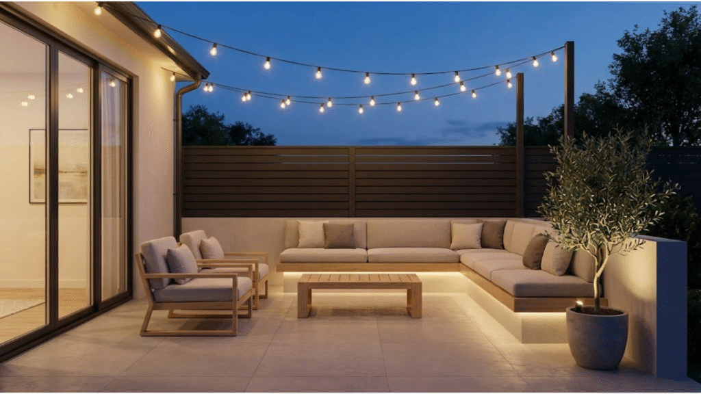 Cozy patio with string lights and comfortable seating creating a warm, inviting atmosphere.