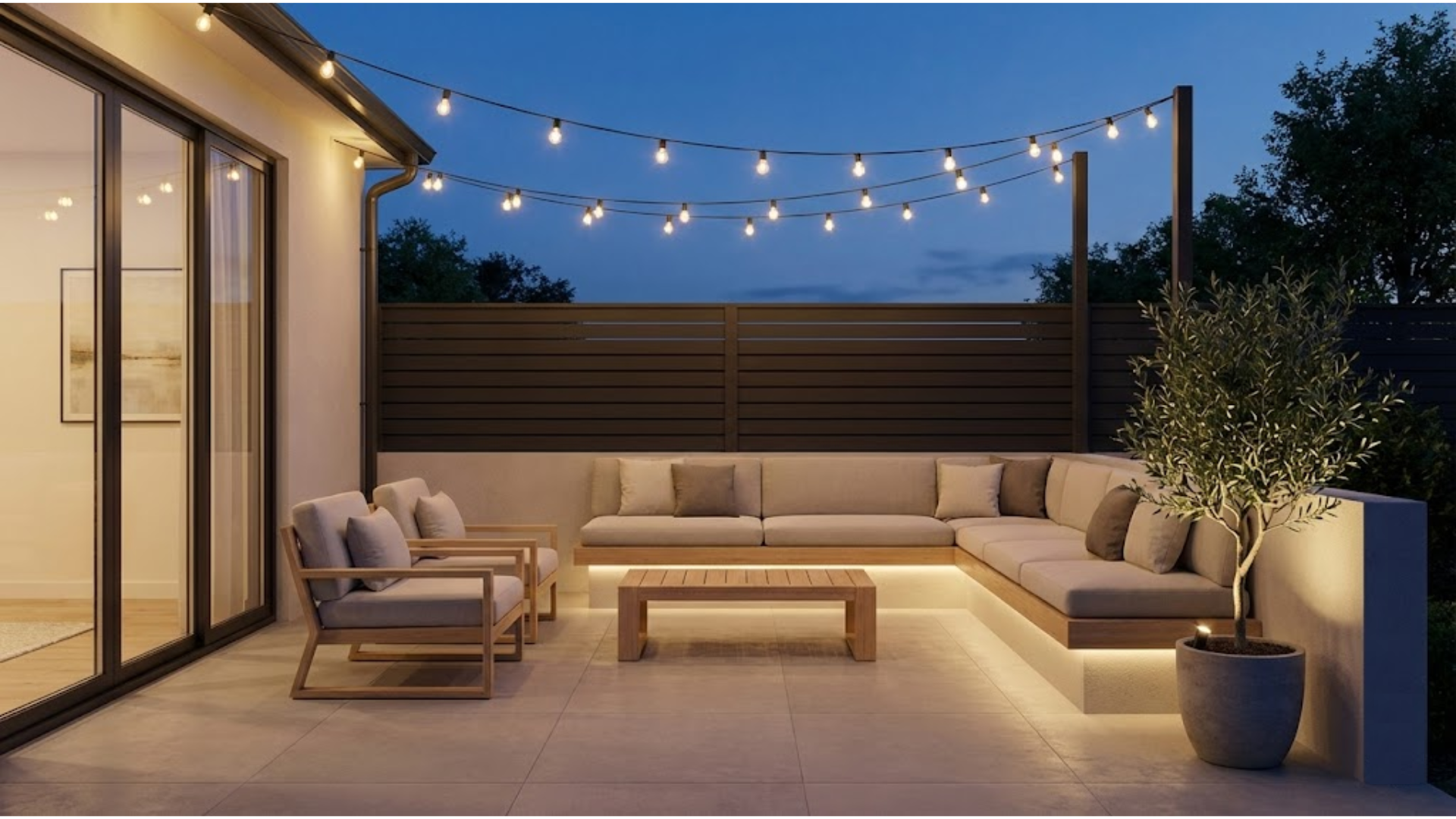 Cozy patio with string lights and comfortable seating creating a warm, inviting atmosphere.