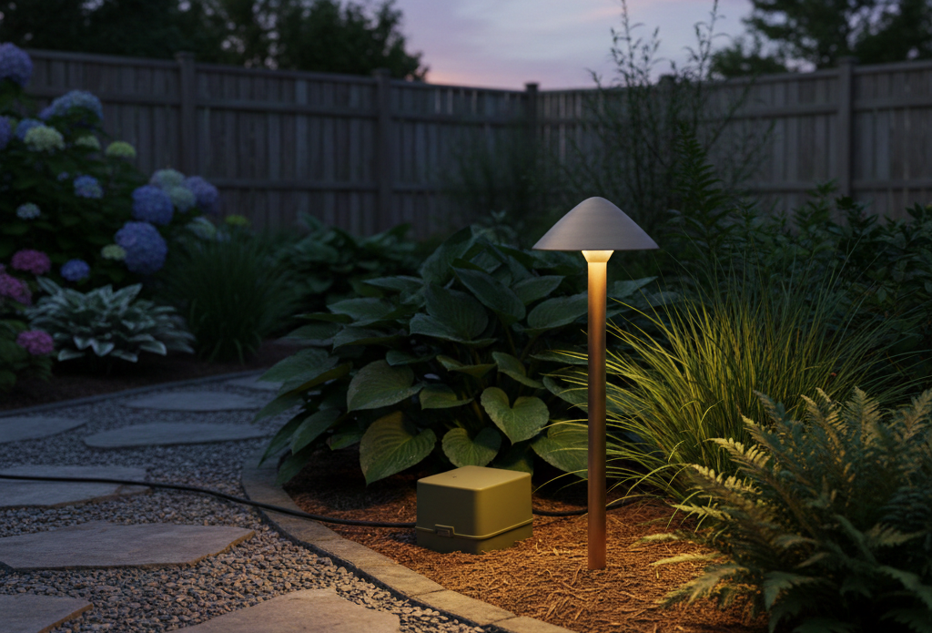 Warm, inviting path lighting leading through a lush, verdant garden.