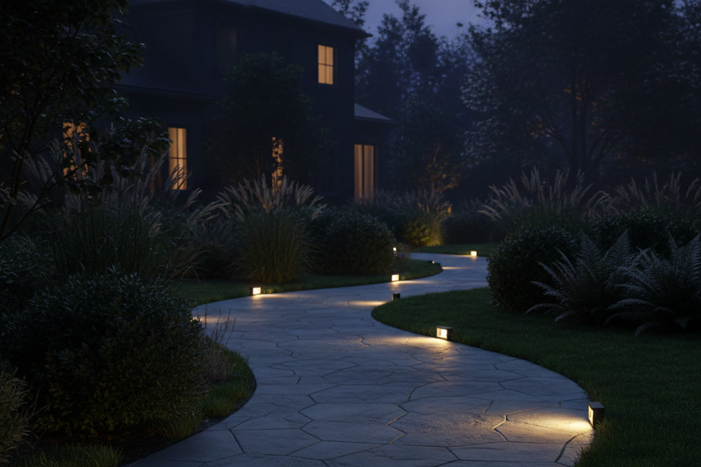 Enchanting garden path illuminated by whimsical lighting fixtures for a creative outdoor ambiance.