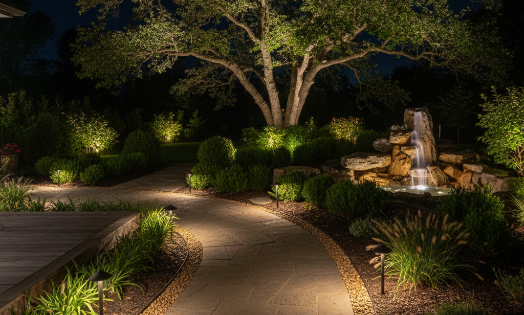 Subtle pathway lighting enhances the natural beauty of an outdoor living space. 