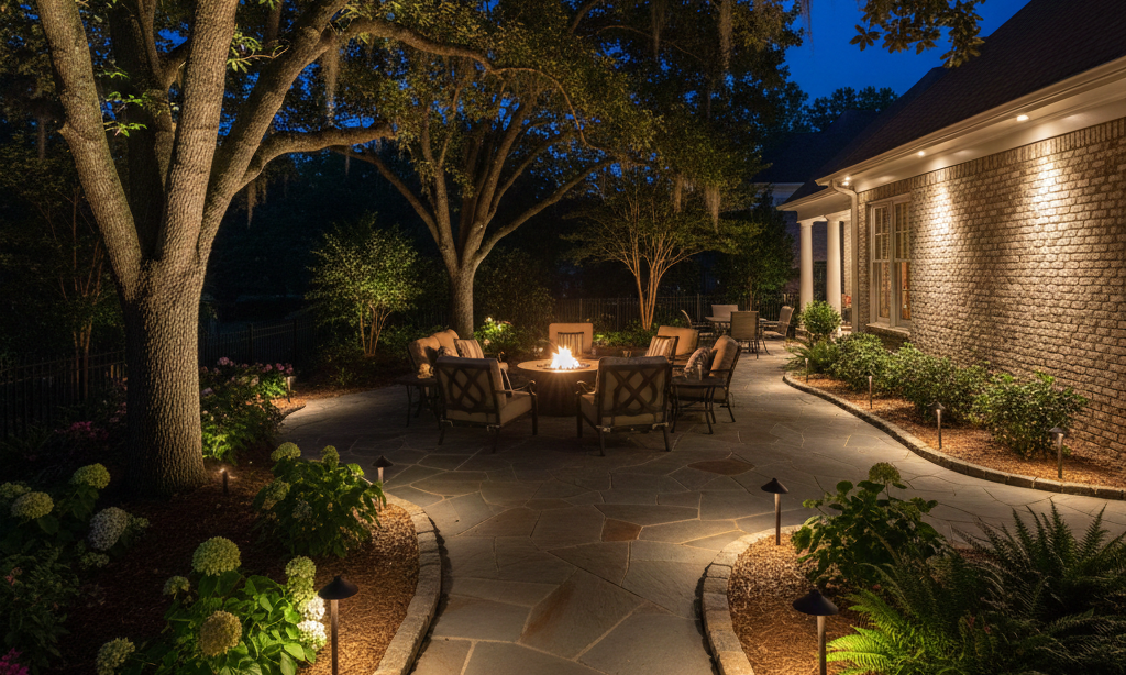 The warm glow of landscape lighting creates a cozy ambiance in an evening backyard scene.