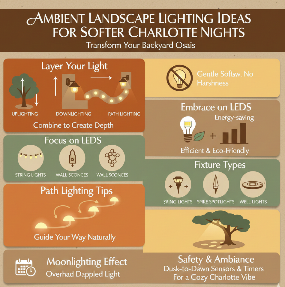 Strategically placed landscape lighting accentuates the natural beauty of an outdoor space.