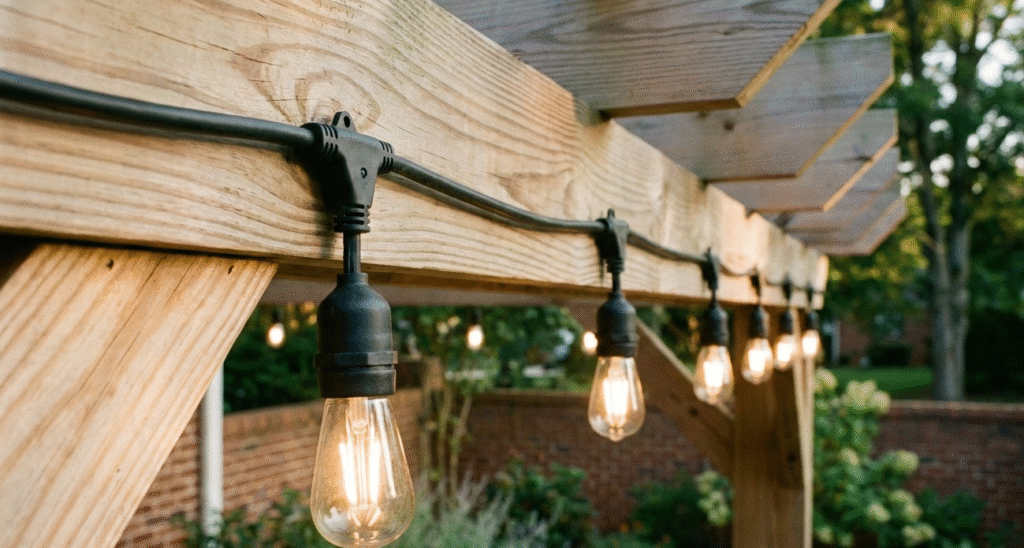 Twinkling string lights adorn a backyard patio, adding a touch of ambiance.