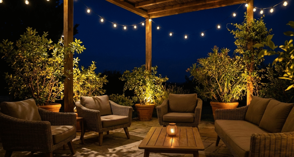 Patio decked out with festive string lights, transforming the outdoor space.