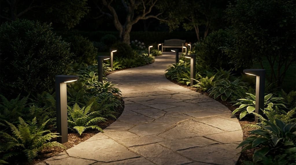 Serene patio pathway illuminated by strategically placed lighting fixtures, creating a warm and inviting atmosphere.