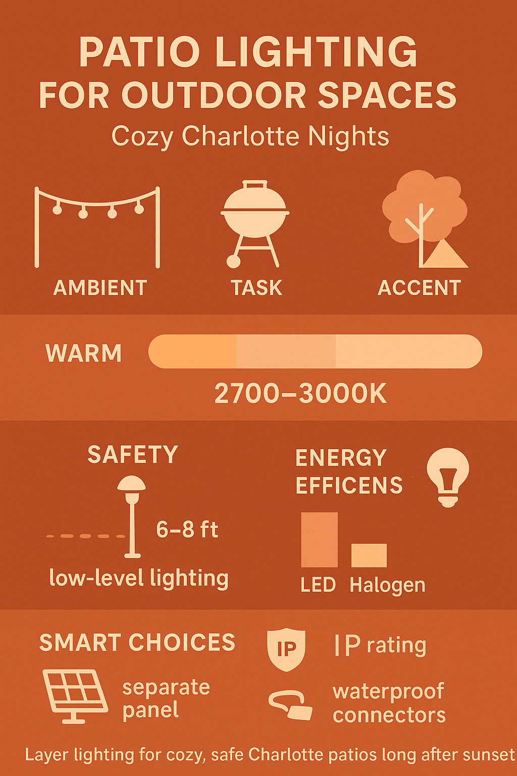 Comprehensive guide to patio lighting for outdoor spaces: Details on ambient, task, and accent lighting for cozy Charlotte nights.
