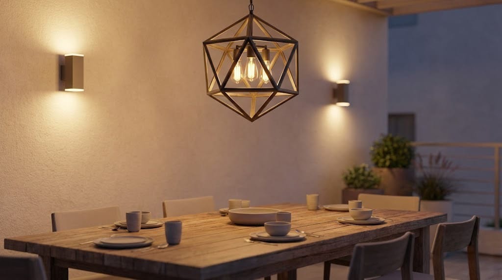 Cozy patio dining area featuring a geometric pendant light fixture for stylish illumination.