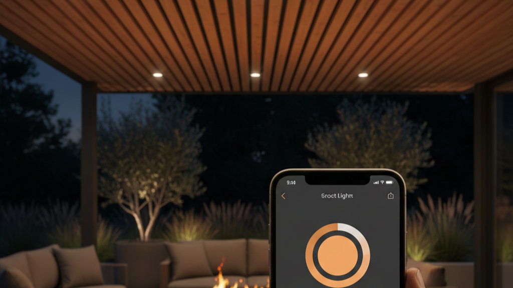 Close-up a modern outdoor patio at night with recessed ceiling lights dimmed to a warm glow