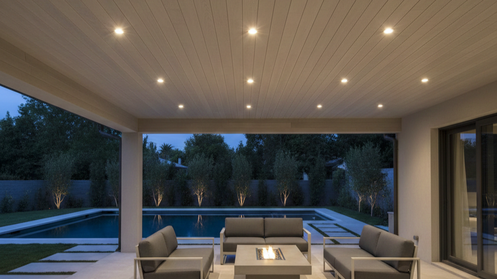 Covered patio ceiling showing recessed lights spaced evenly across the surface.